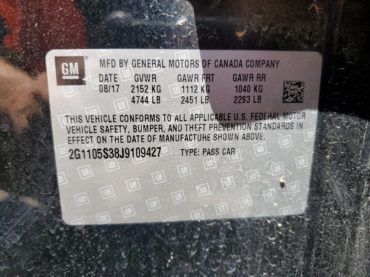 2G1105S38J9109427 2018 Chevrolet Impala Lt