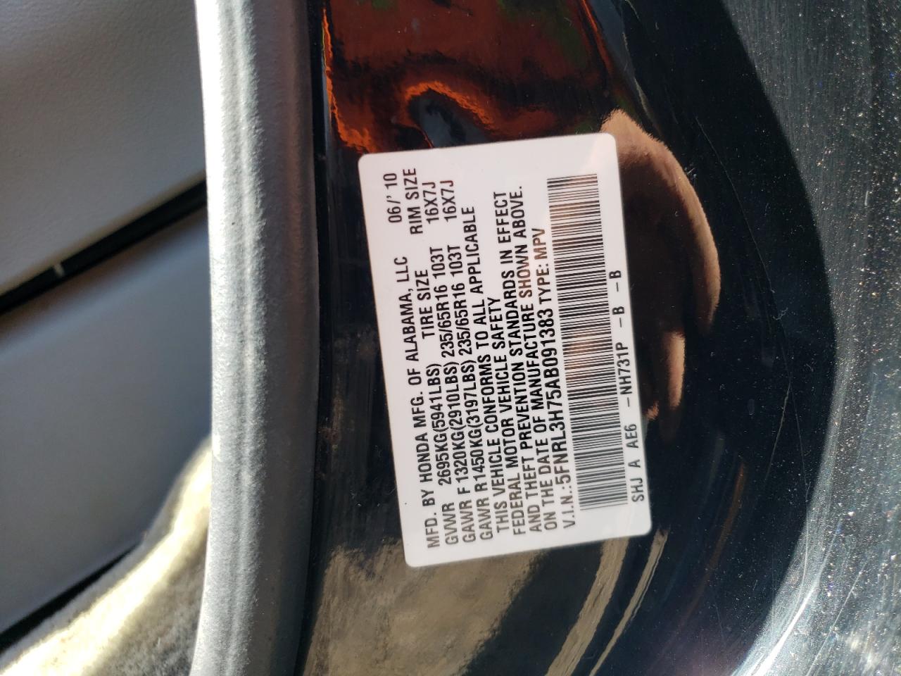 5FNRL3H75AB091383 2010 Honda Odyssey Exl