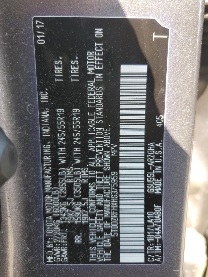 5TDDZRFHXHS375959 2017 Toyota Highlander Limited