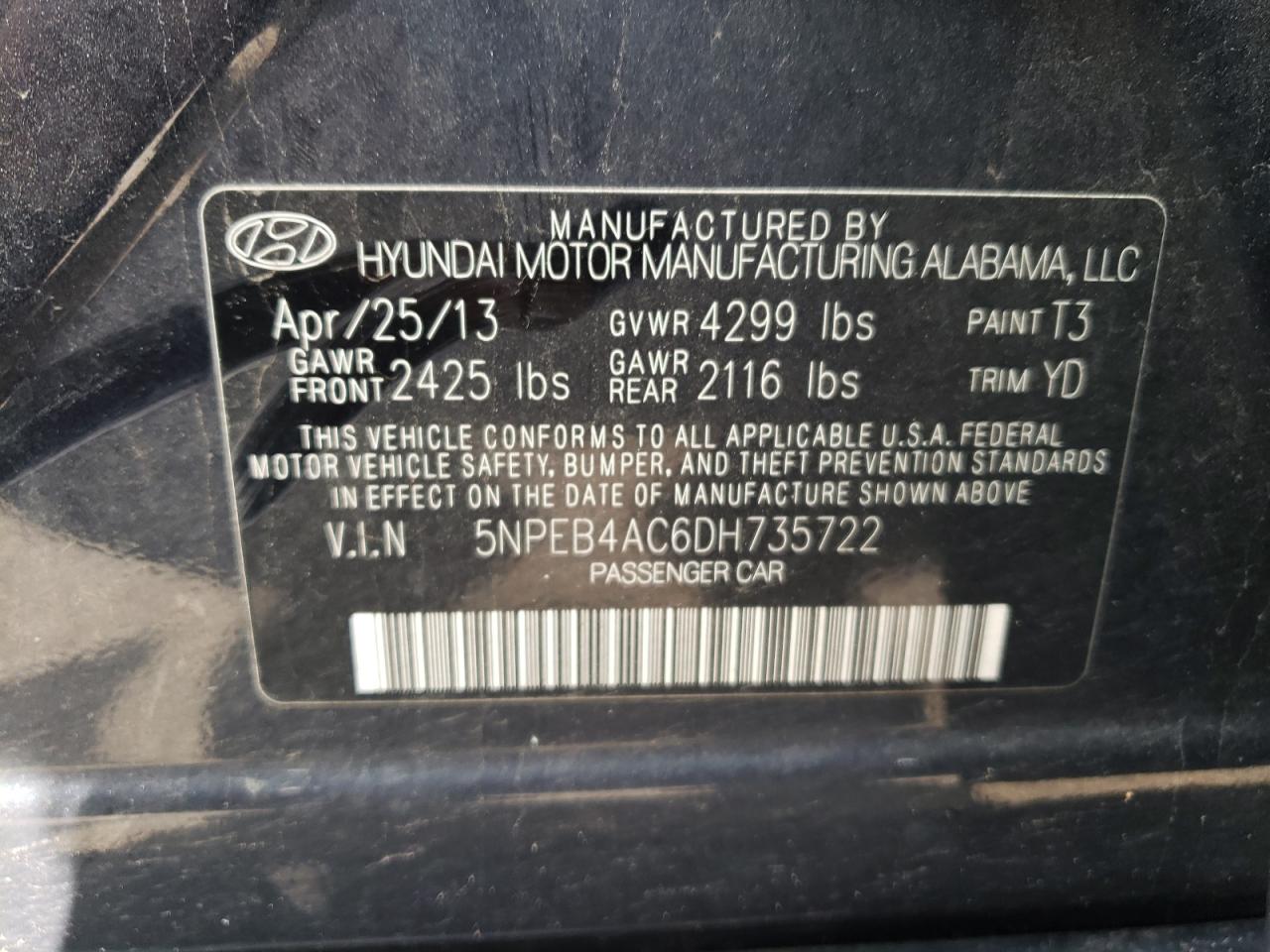 5NPEB4AC6DH735722 2013 Hyundai Sonata Gls