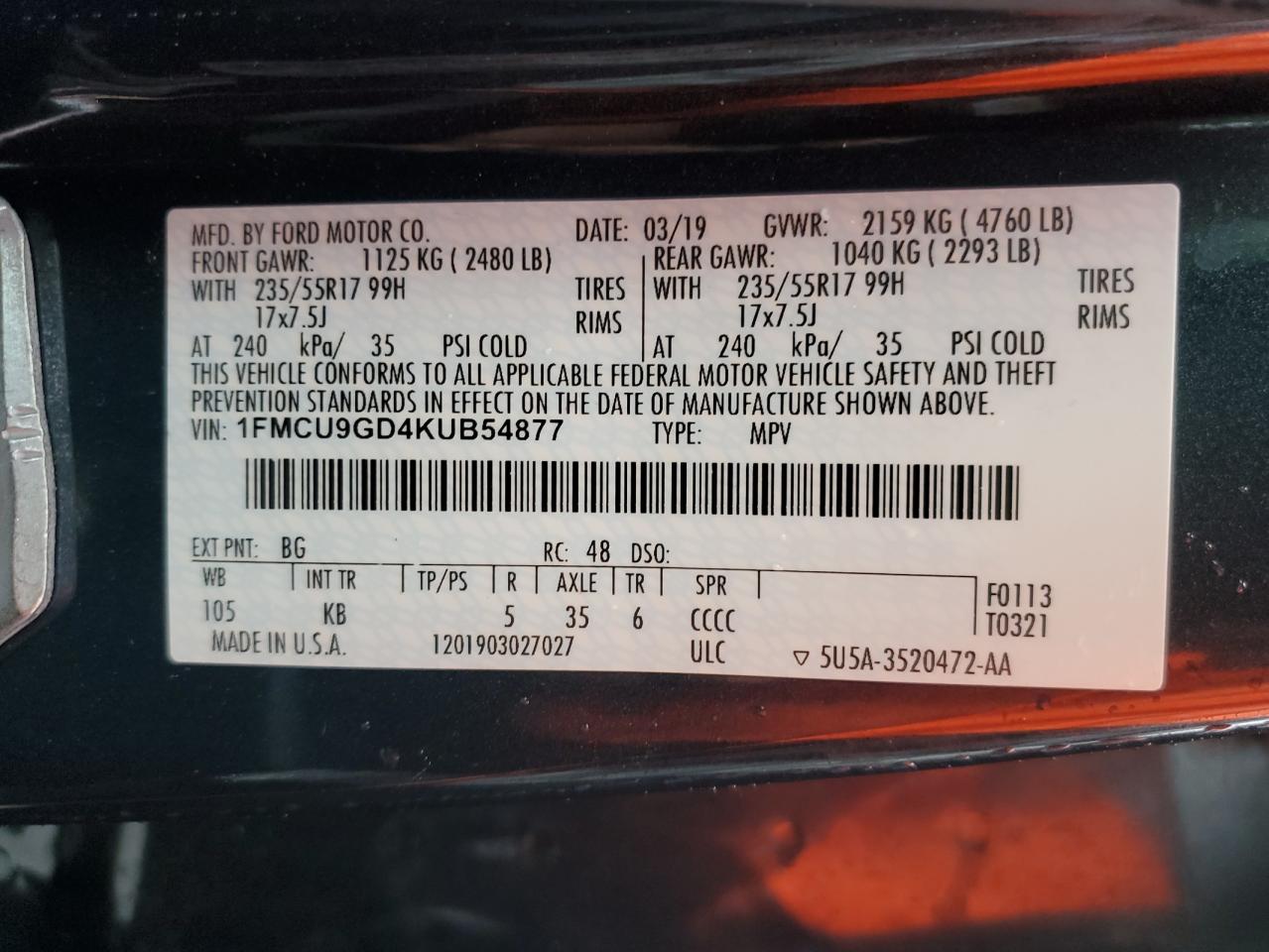 1FMCU9GD4KUB54877 2019 Ford Escape Se