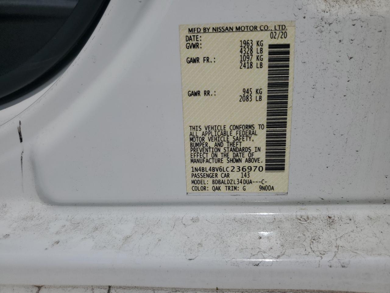 1N4BL4BV6LC236970 2020 Nissan Altima S