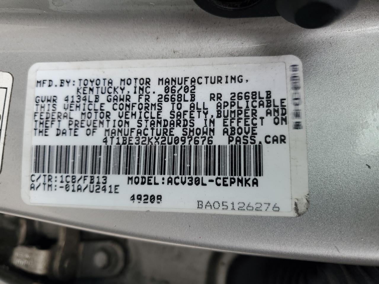 4T1BE32KX2U097676 2002 Toyota Camry Le