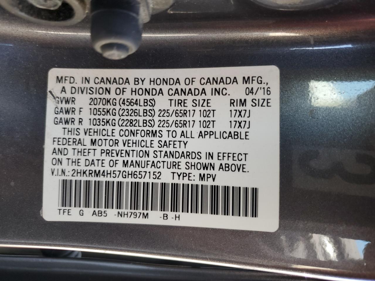 2HKRM4H57GH657152 2016 Honda Cr-V Ex