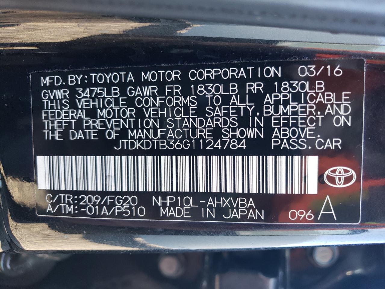 JTDKDTB36G1124784 2016 Toyota Prius C