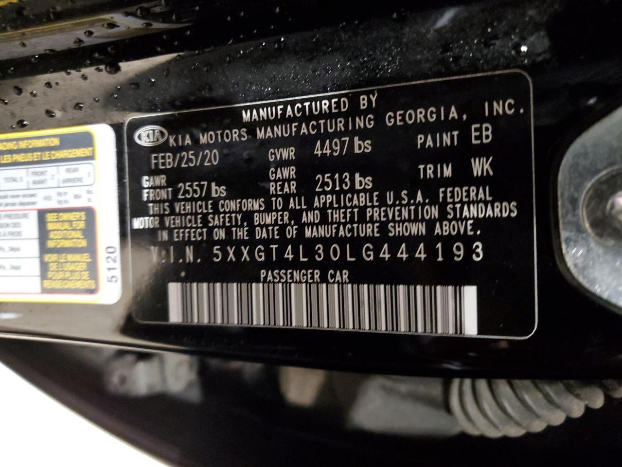 5XXGT4L30LG444193 2020 Kia Optima Lx