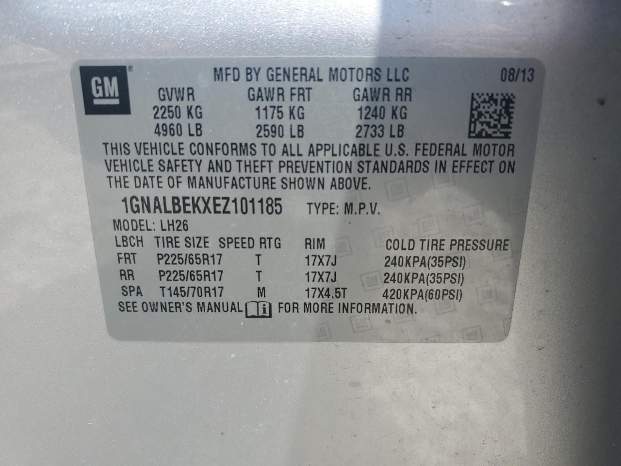 1GNALBEKXEZ101185 2014 Chevrolet Equinox Lt