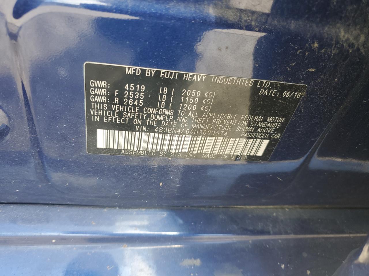 4S3BNAA60H3003574 2017 Subaru Legacy 2.5I