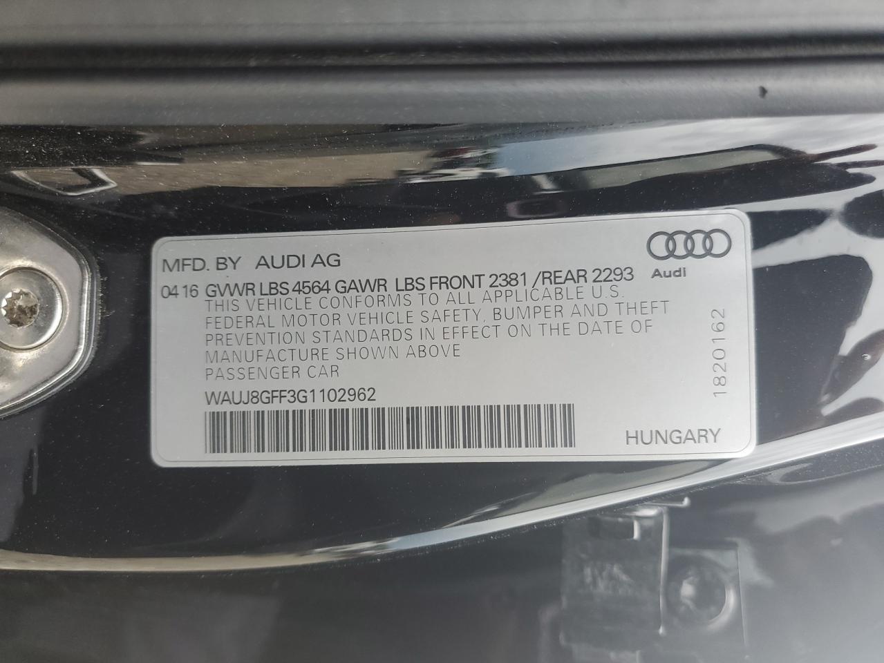 WAUJ8GFF3G1102962 2016 Audi A3 Premium Plus S-Line