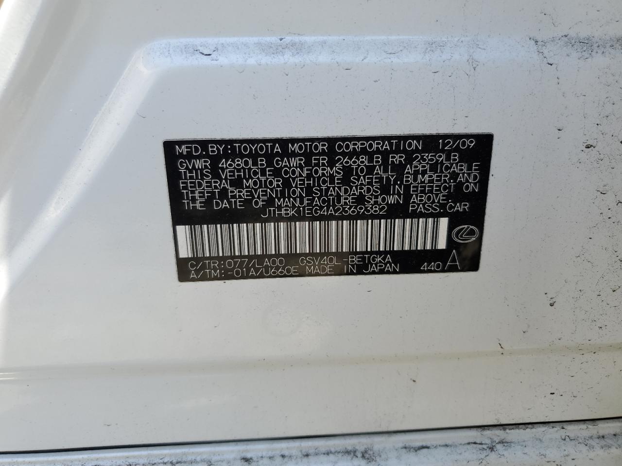 JTHBK1EG4A2369382 2010 Lexus Es 350