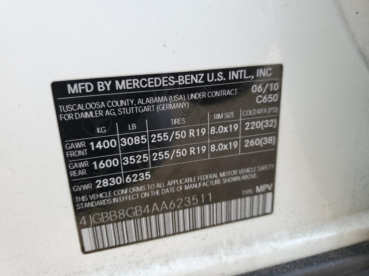 4JGBB8GB4AA623511 2010 Mercedes-Benz Ml 350 4Matic