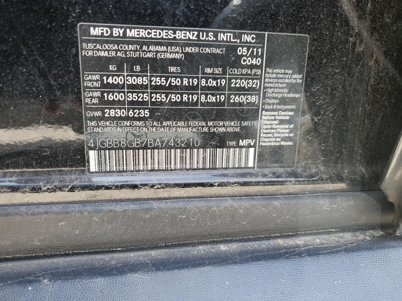 4JGBB8GB7BA743210 2011 Mercedes-Benz Ml 350 4Matic