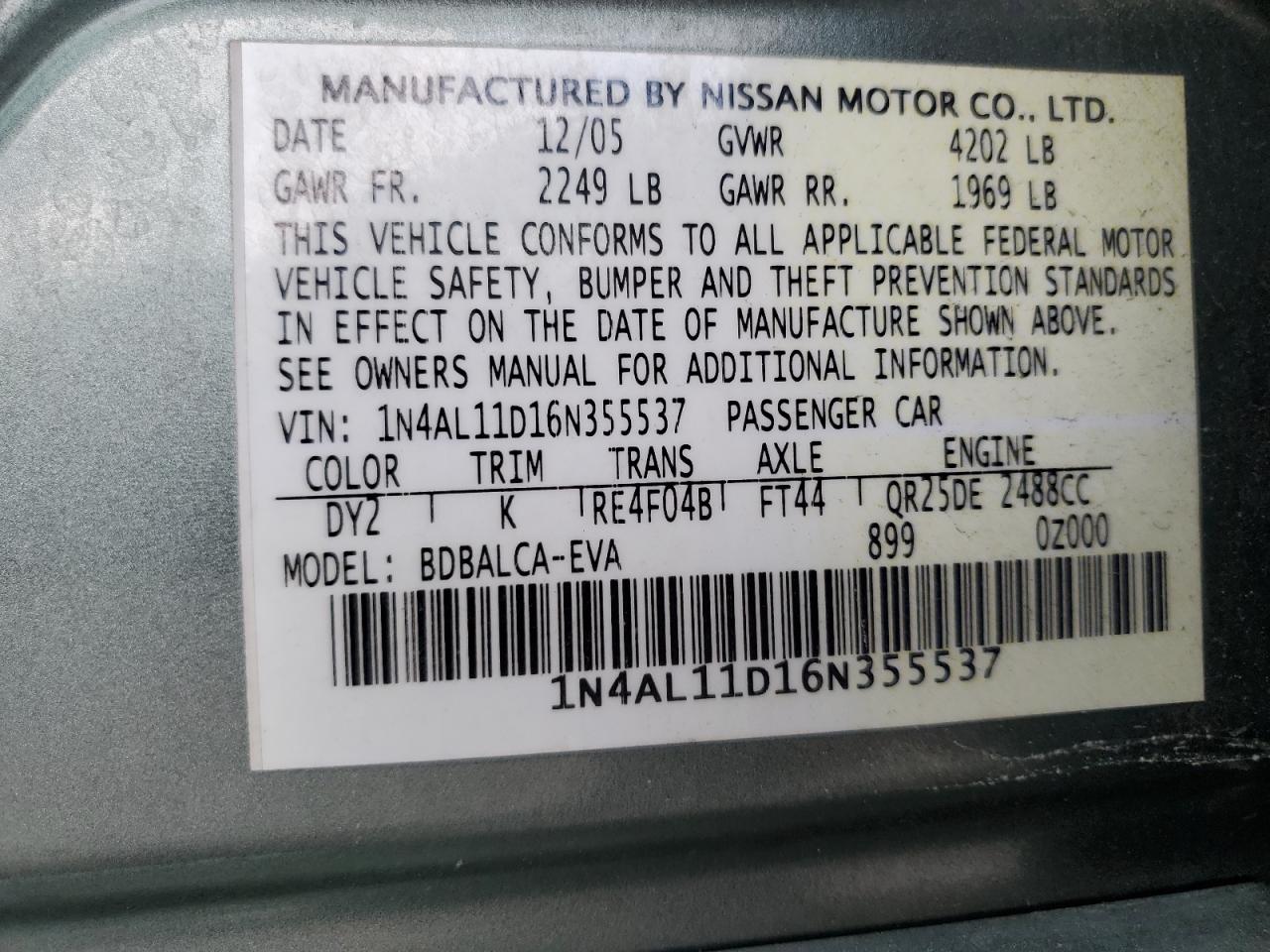 1N4AL11D16N355537 2006 Nissan Altima S