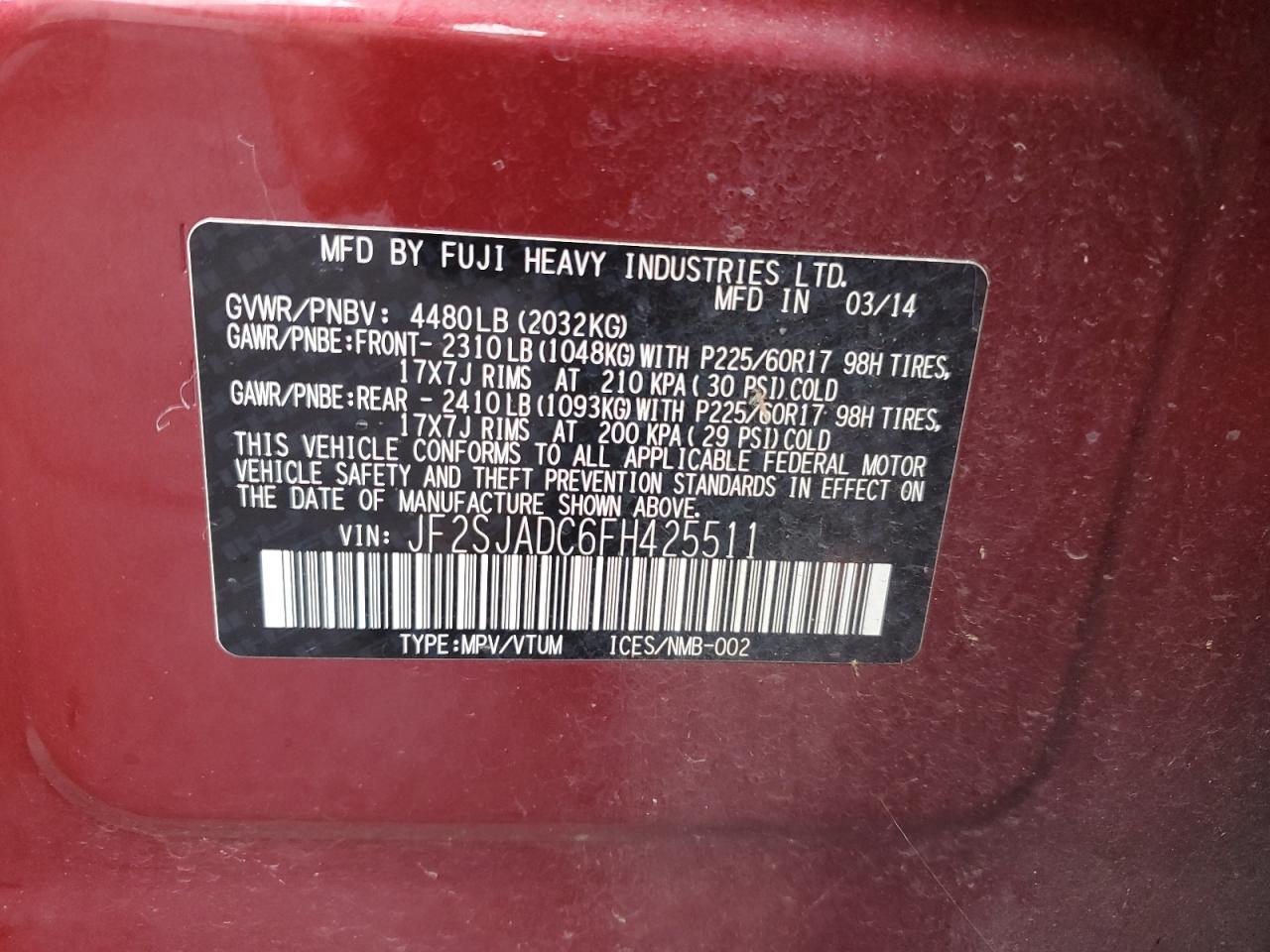 JF2SJADC6FH425511 2015 Subaru Forester 2.5I Premium