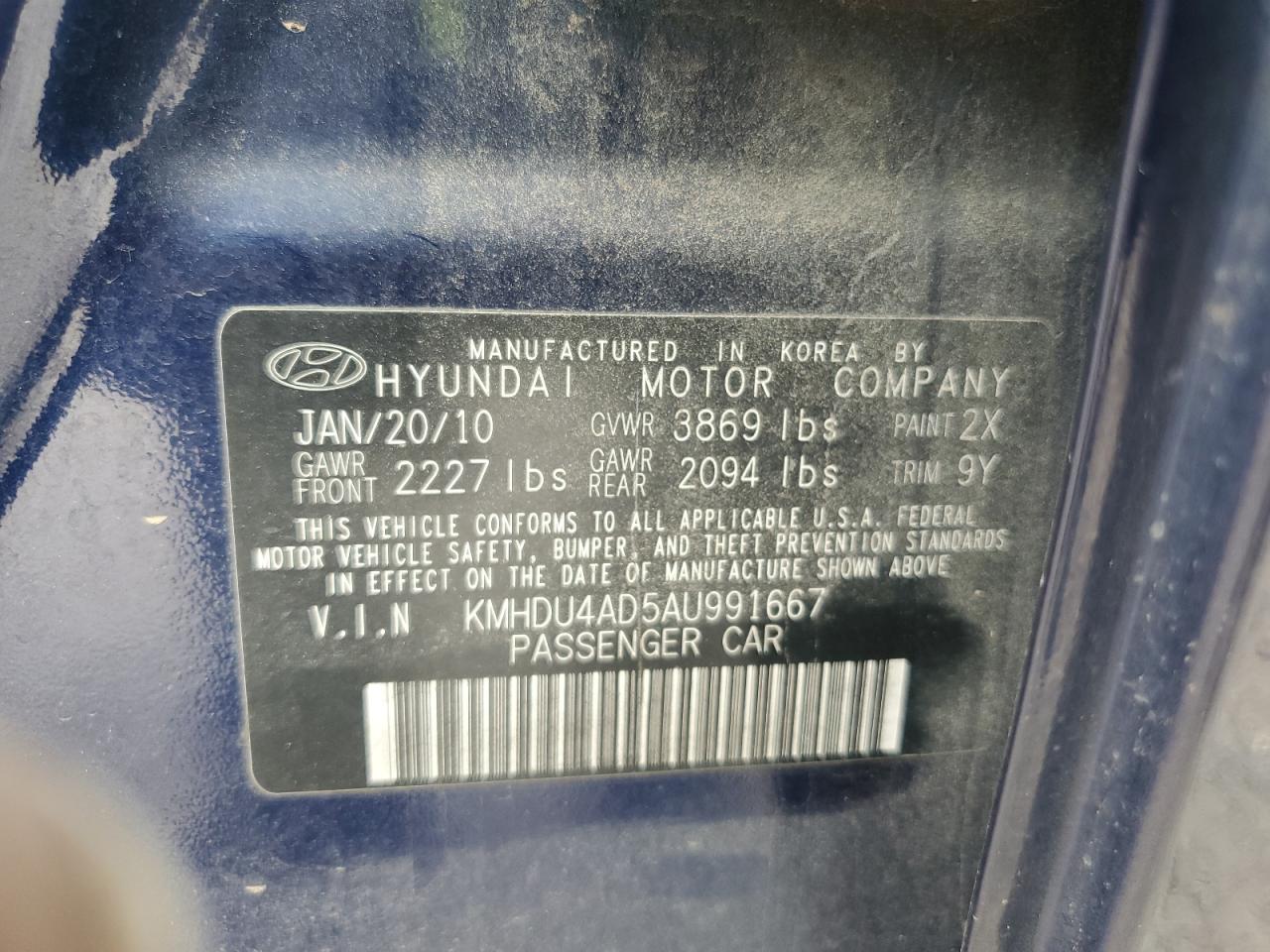 KMHDU4AD5AU991667 2010 Hyundai Elantra Blue