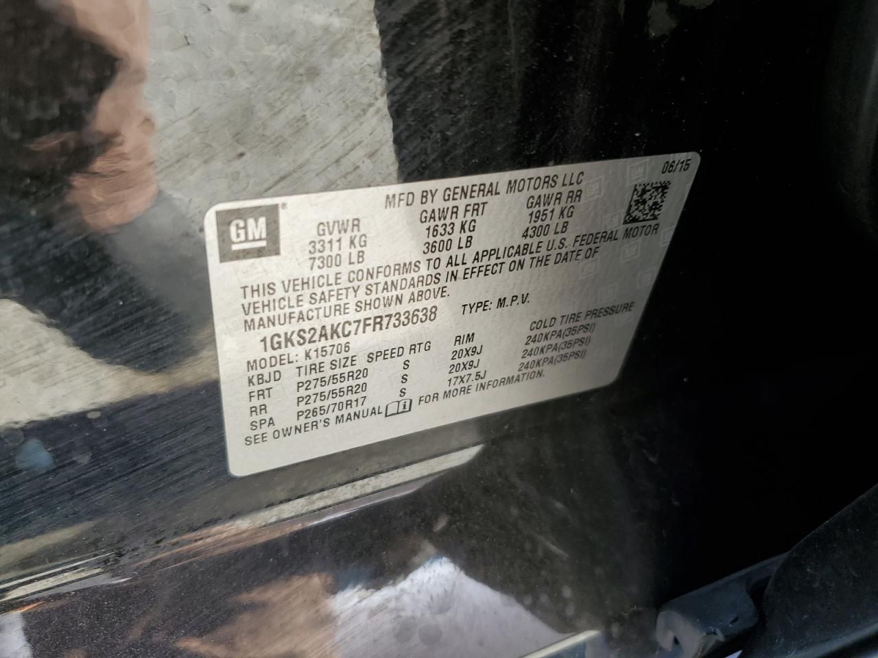1GKS2AKC7FR733638 2015 GMC Yukon Sle