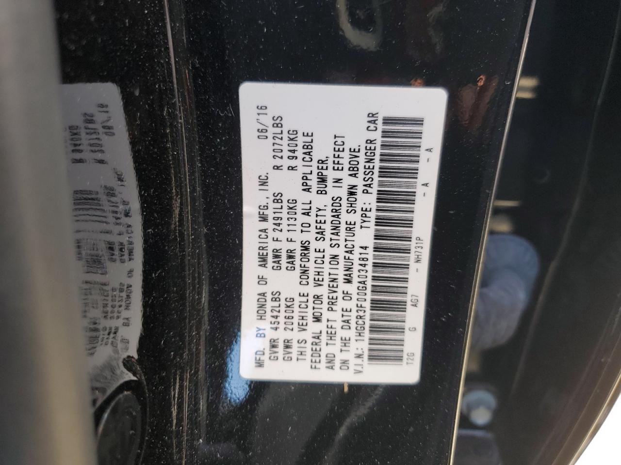 1HGCR3F00GA034814 2016 Honda Accord Exl