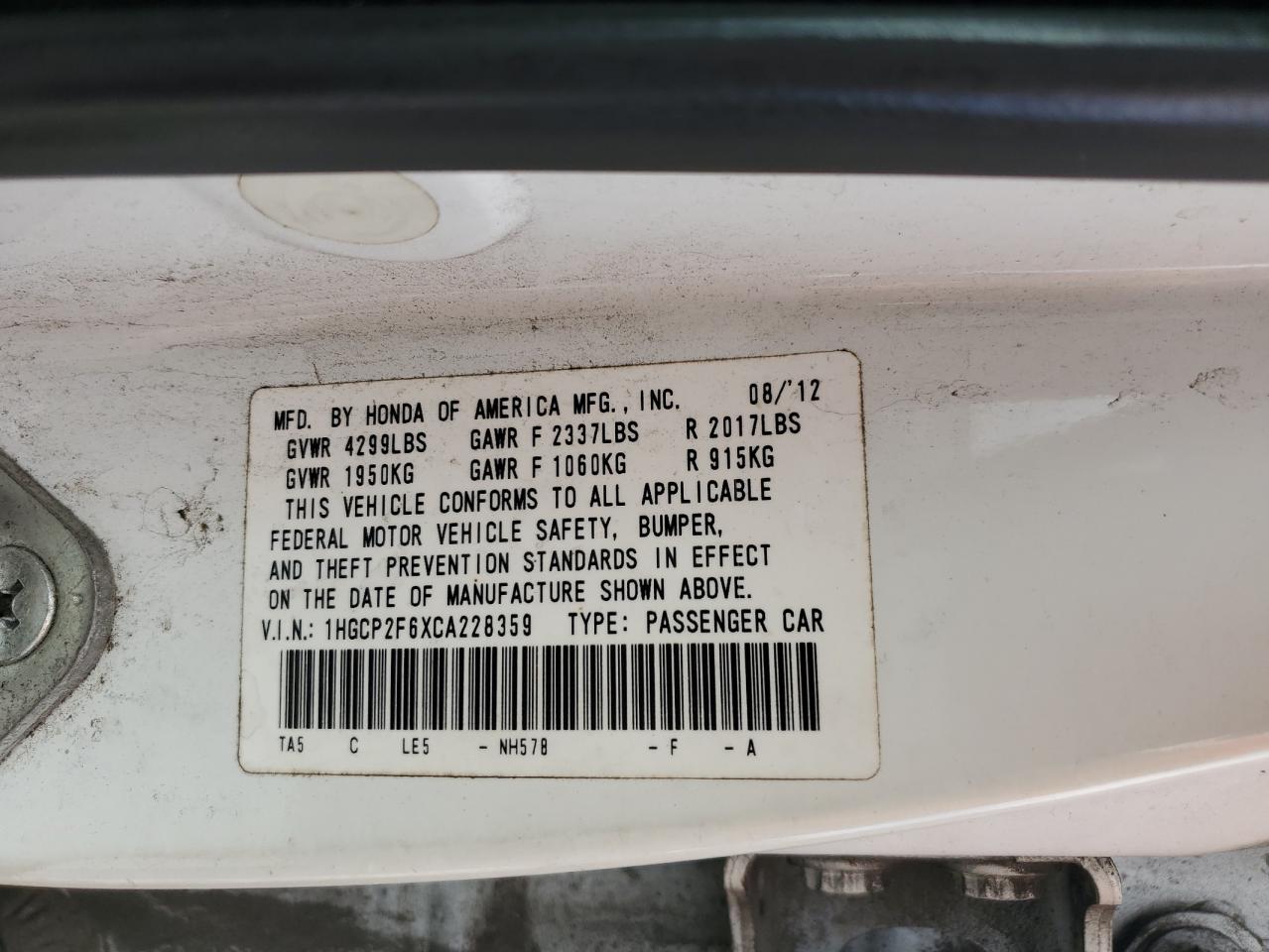 1HGCP2F6XCA228359 2012 Honda Accord Se