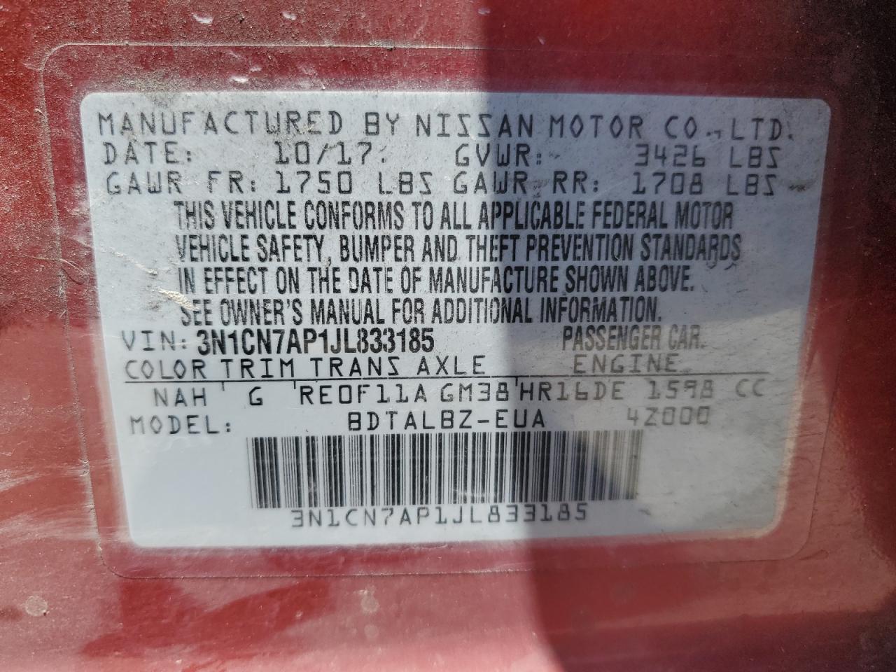 3N1CN7AP1JL833185 2018 Nissan Versa S