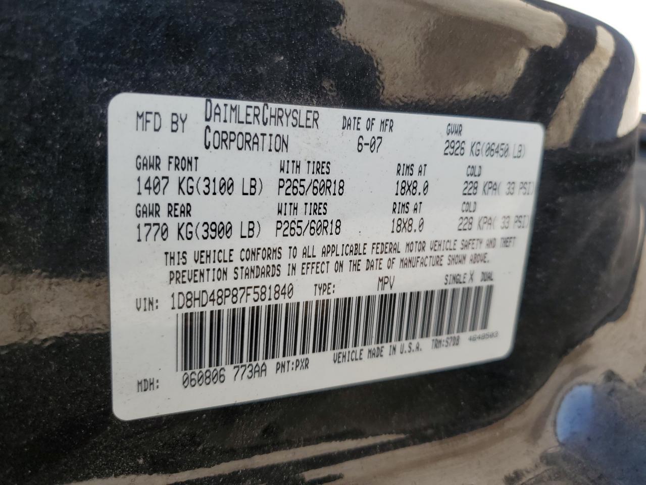 1D8HD48P87F581840 2007 Dodge Durango Slt