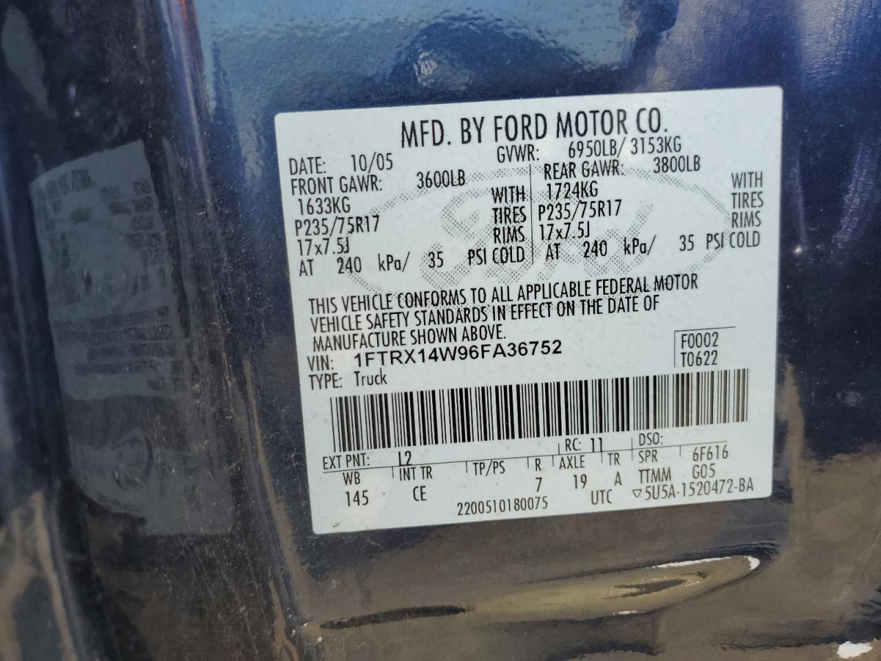 1FTRX14W96FA36752 2006 Ford F150