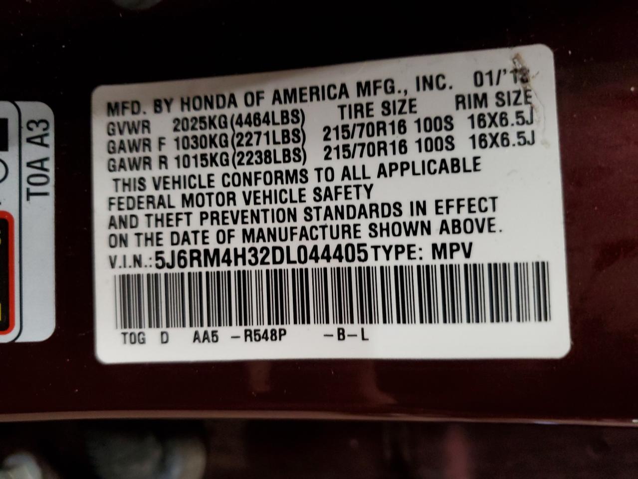 5J6RM4H32DL044405 2013 Honda Cr-V Lx