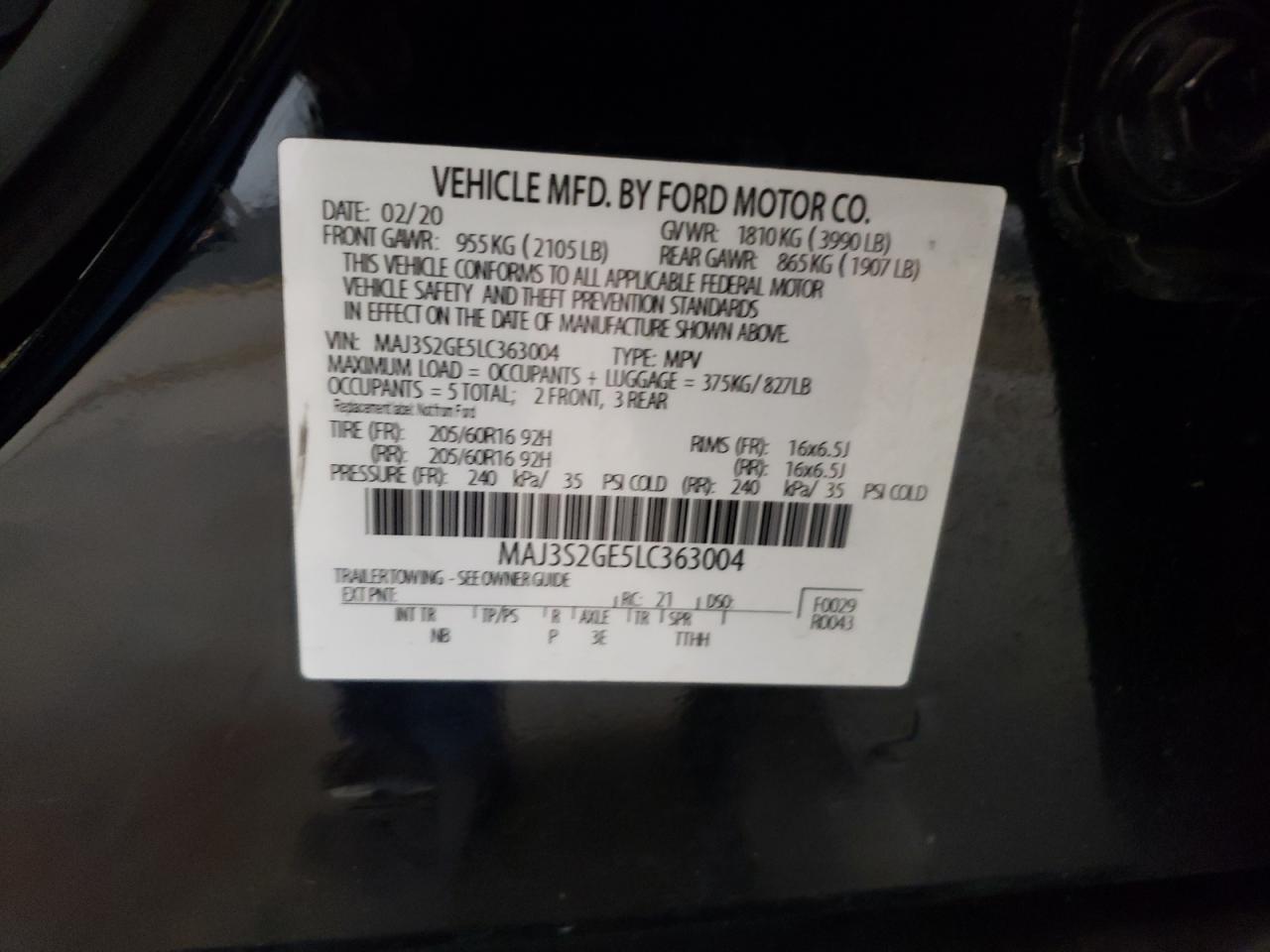 MAJ3S2GE5LC363004 2020 Ford Ecosport Se