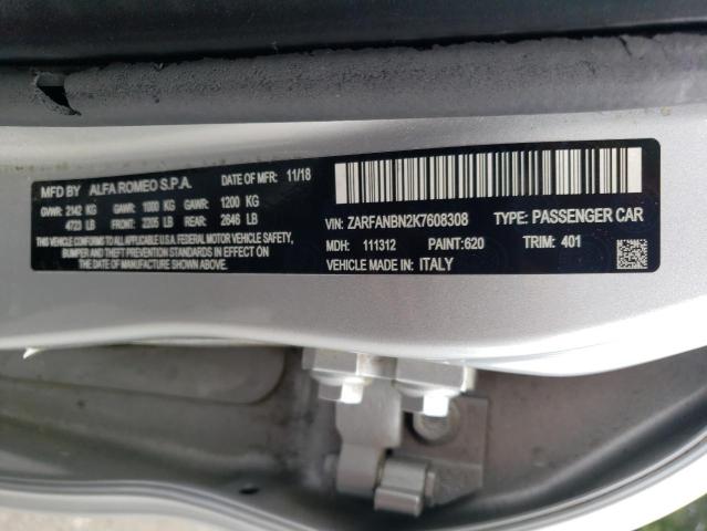 2019 Alfa Romeo Giulia Ti VIN: ZARFANBN2K7608308 Lot: 53803084