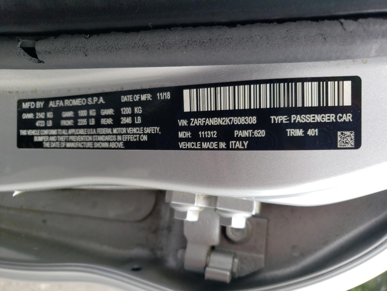 ZARFANBN2K7608308 2019 Alfa Romeo Giulia Ti