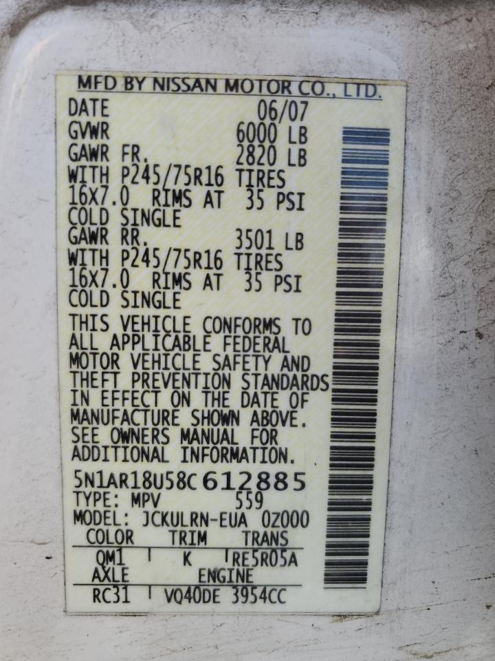 5N1AR18U58C612885 2008 Nissan Pathfinder S