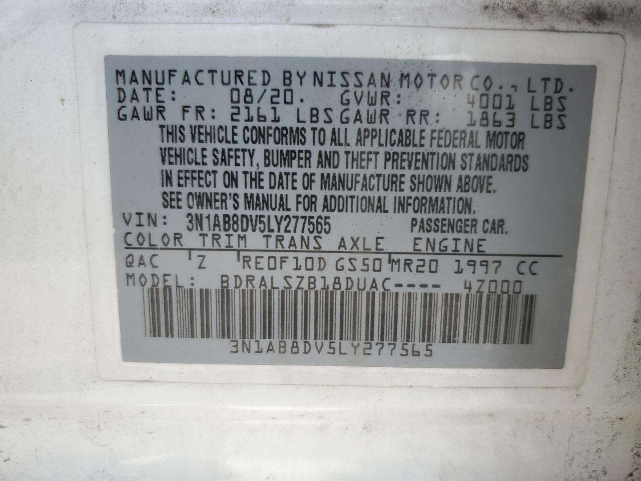 3N1AB8DV5LY277565 2020 Nissan Sentra Sr