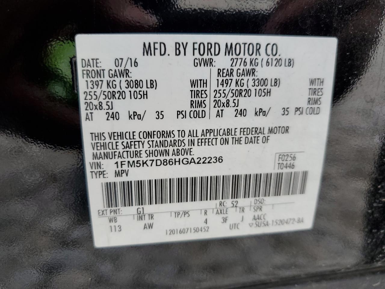 1FM5K7D86HGA22236 2017 Ford Explorer Xlt