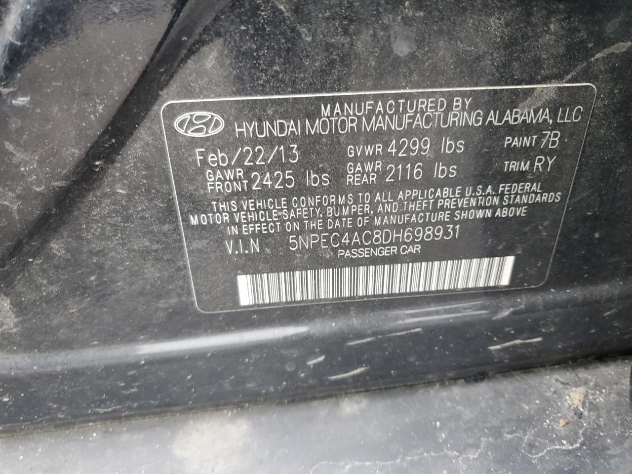 5NPEC4AC8DH698931 2013 Hyundai Sonata Se