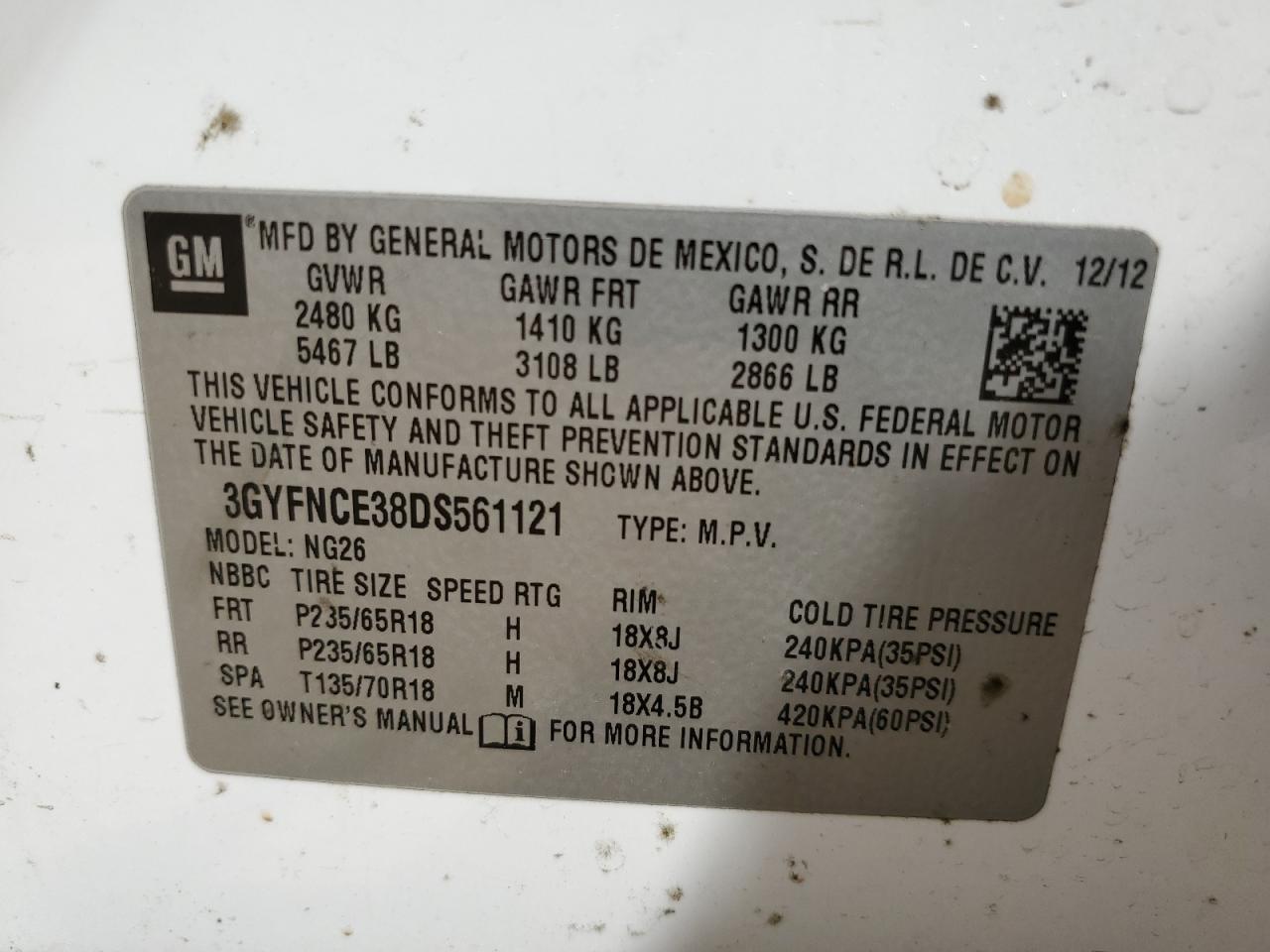 3GYFNCE38DS561121 2013 Cadillac Srx Luxury Collection