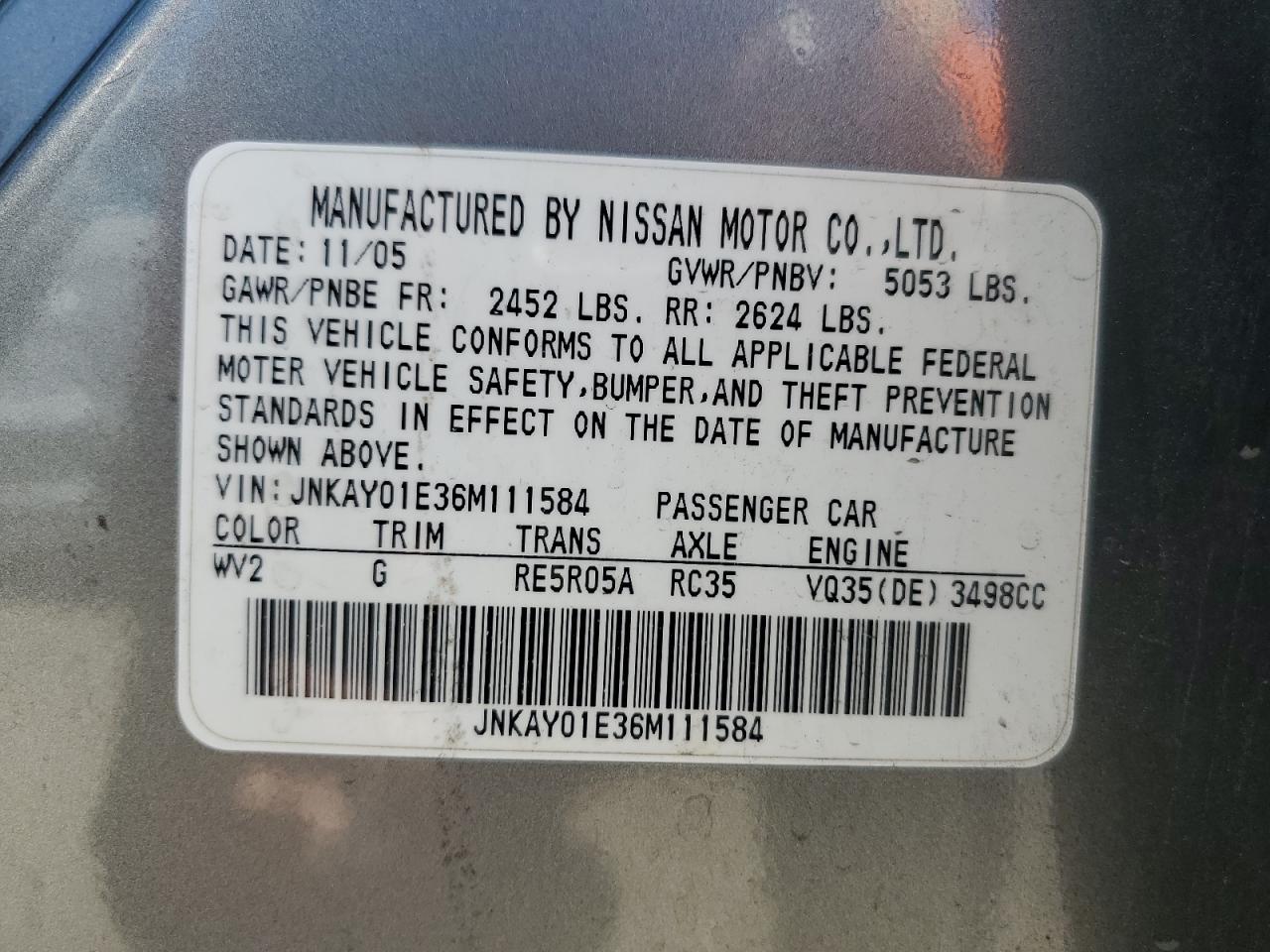 JNKAY01E36M111584 2006 Infiniti M35 Base