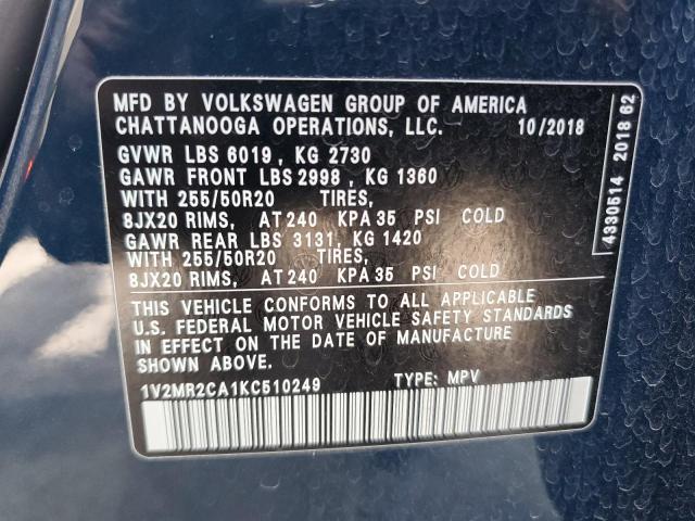 2019 Volkswagen Atlas Sel VIN: 1V2MR2CA1KC510249 Lot: 56854164