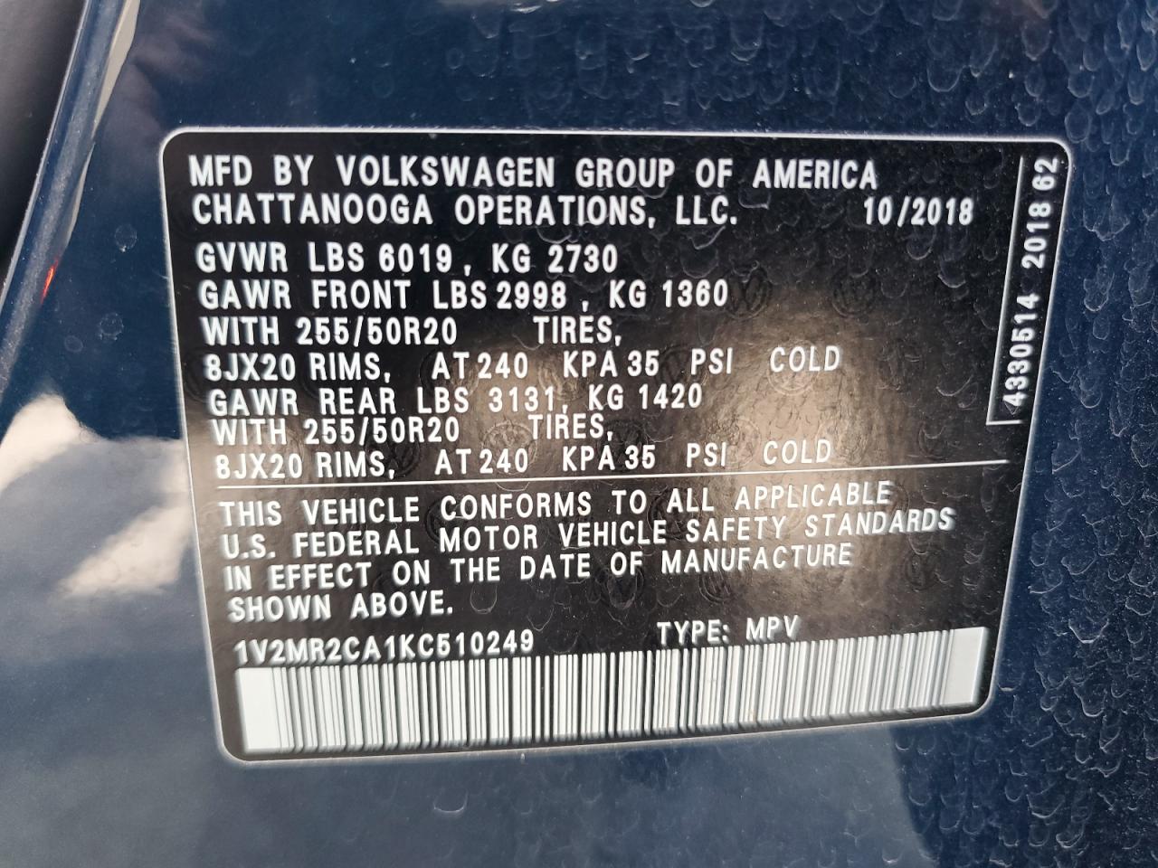 1V2MR2CA1KC510249 2019 Volkswagen Atlas Sel