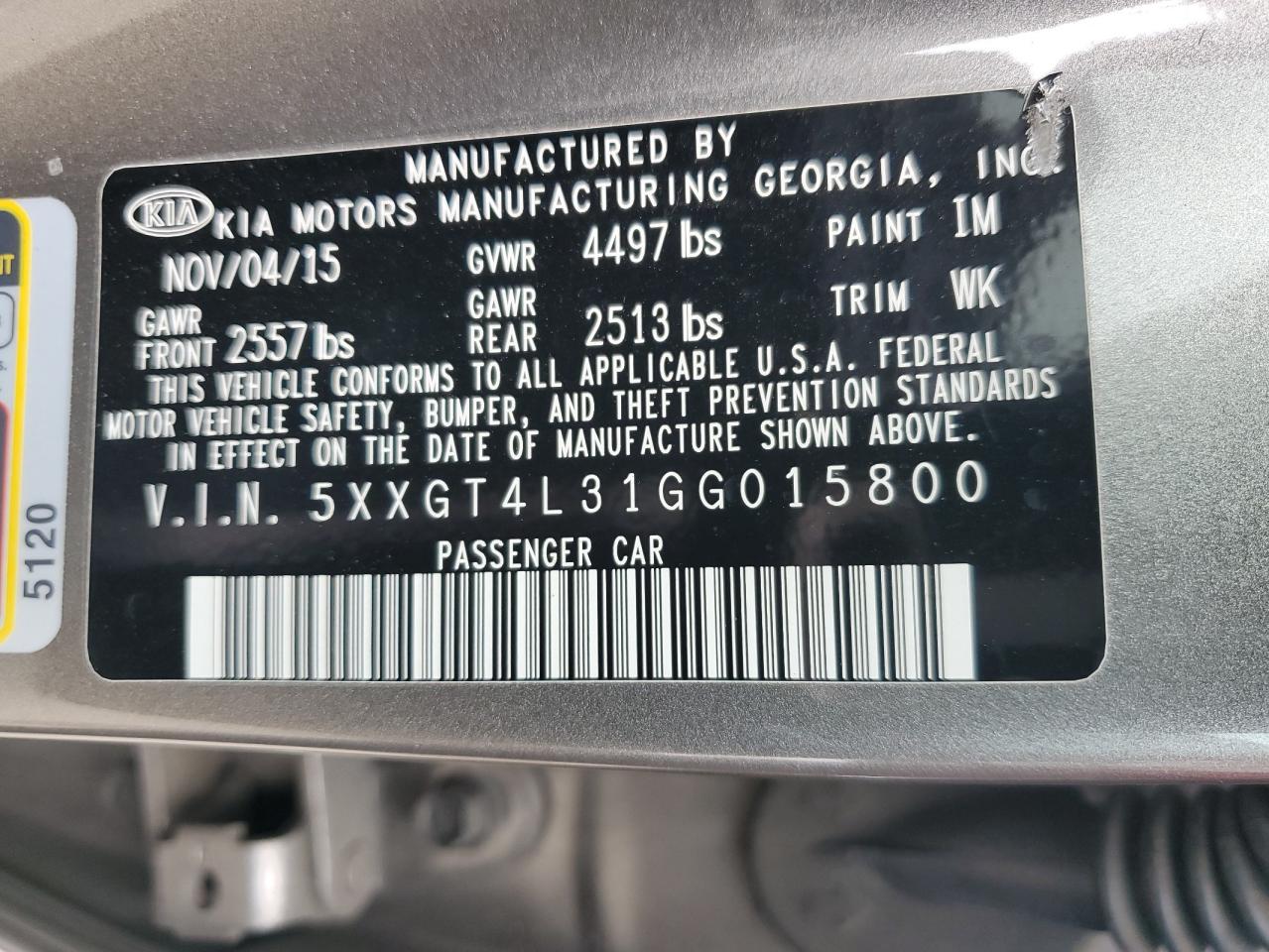 5XXGT4L31GG015800 2016 Kia Optima Lx