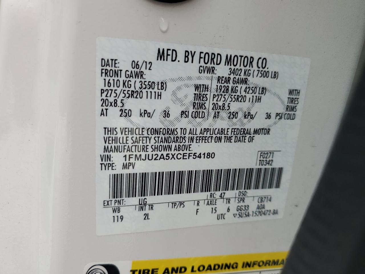 1FMJU2A5XCEF54180 2012 Ford Expedition Limited