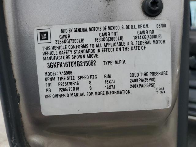 2000 GMC Yukon Xl K1500 VIN: 3GKFK16T0YG215062 Lot: 55955664