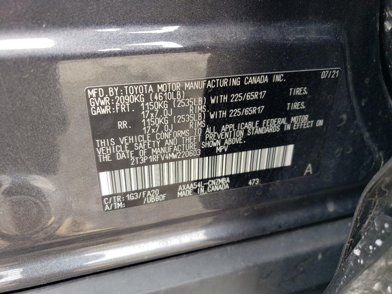 2T3P1RFV4MW220603 2021 Toyota Rav4 Xle