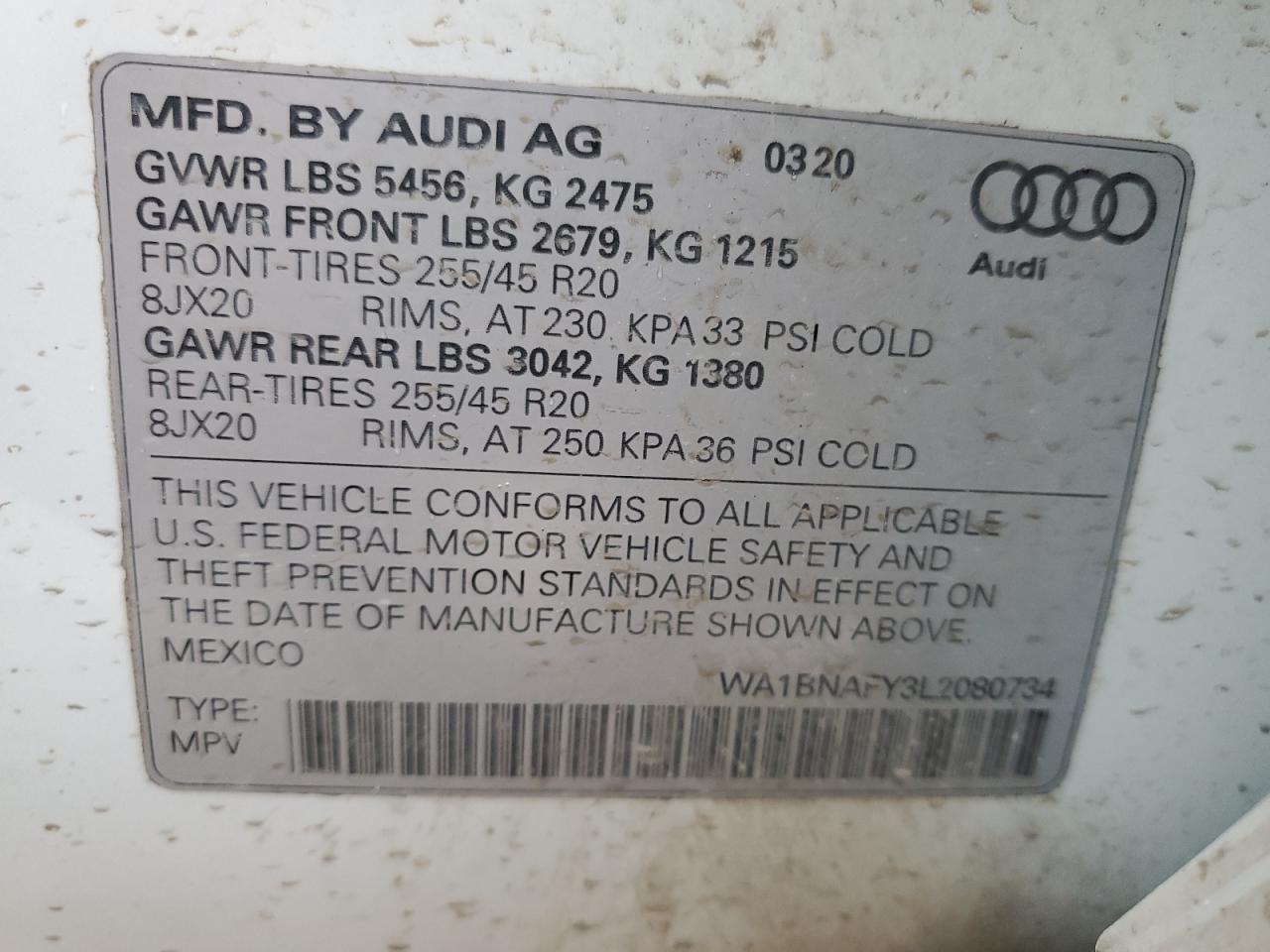 WA1BNAFY3L2080734 2020 Audi Q5 Premium Plus