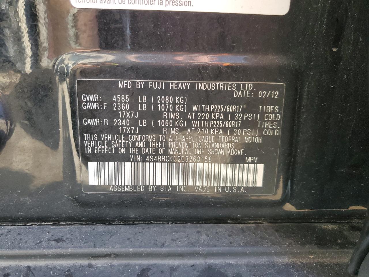 4S4BRCKC2C3263158 2012 Subaru Outback 2.5I Limited