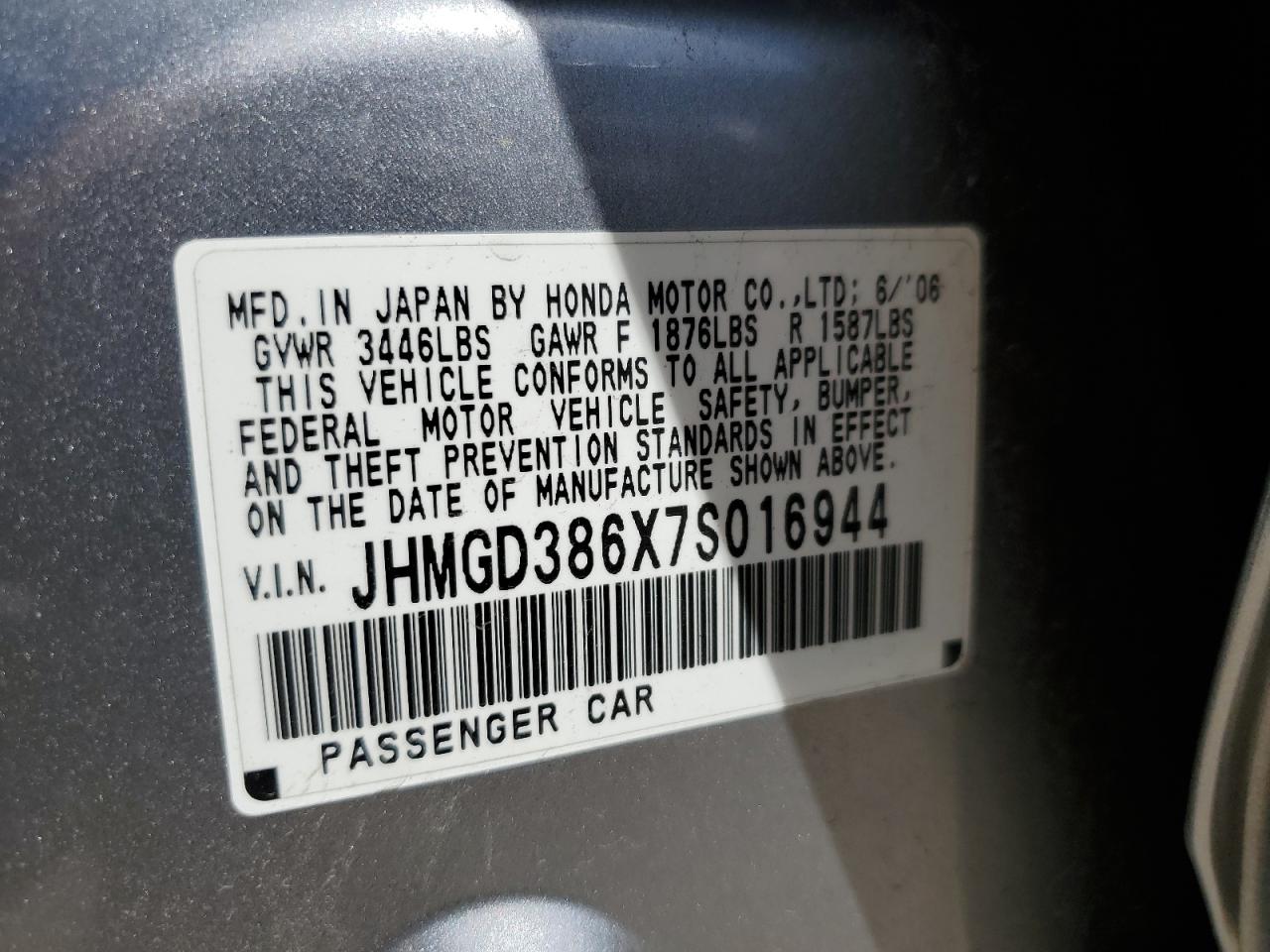 JHMGD386X7S016944 2007 Honda Fit S