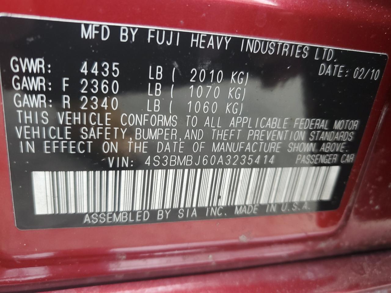 4S3BMBJ60A3235414 2010 Subaru Legacy 2.5I Limited