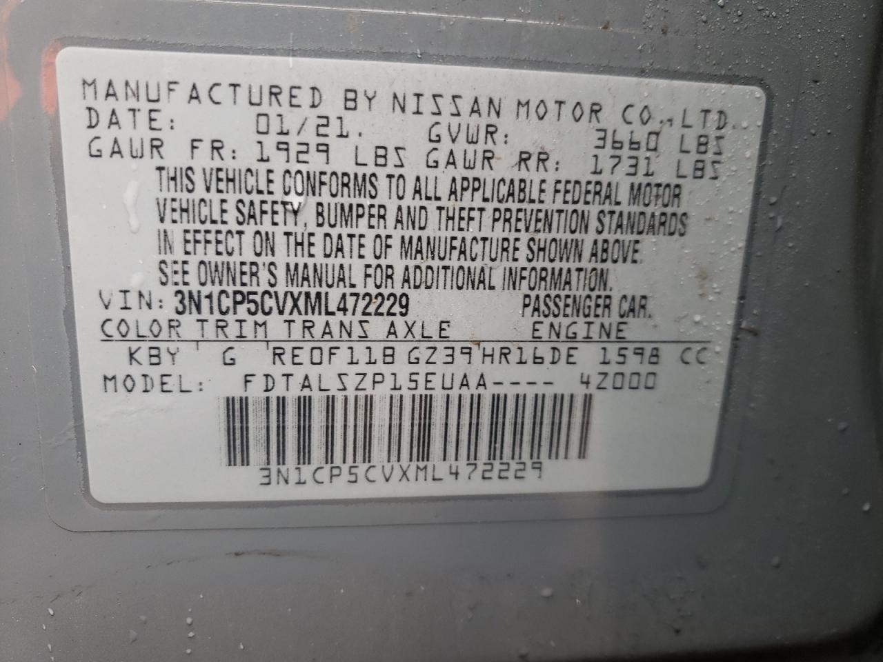 3N1CP5CVXML472229 2021 Nissan Kicks Sv