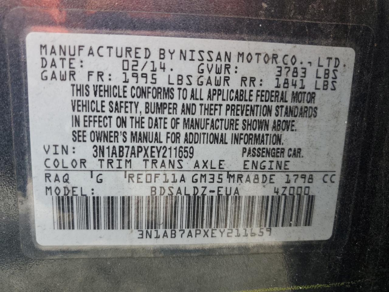 3N1AB7APXEY211659 2014 Nissan Sentra S