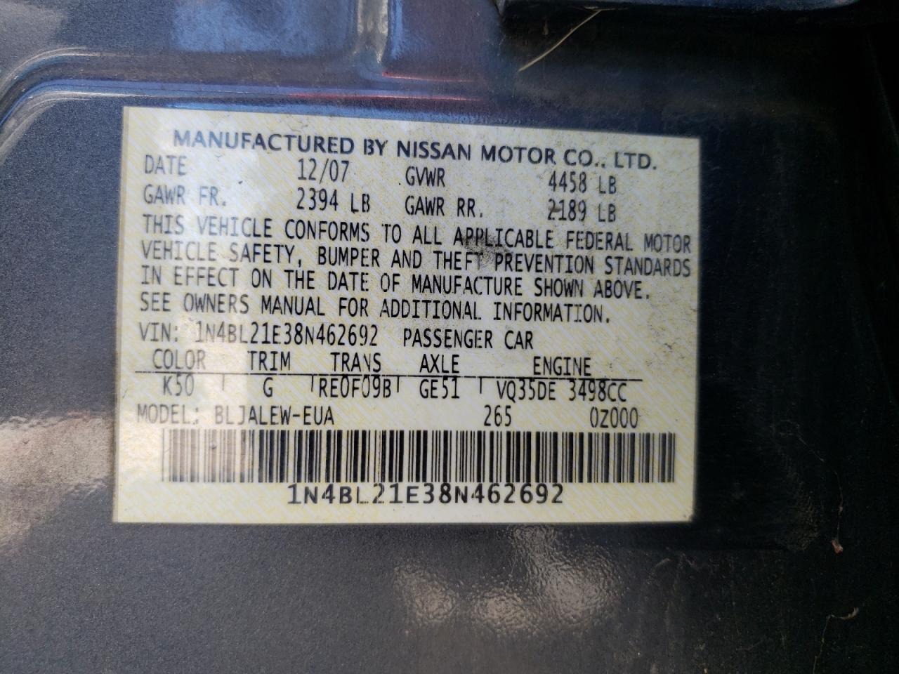 1N4BL21E38N462692 2008 Nissan Altima 3.5Se