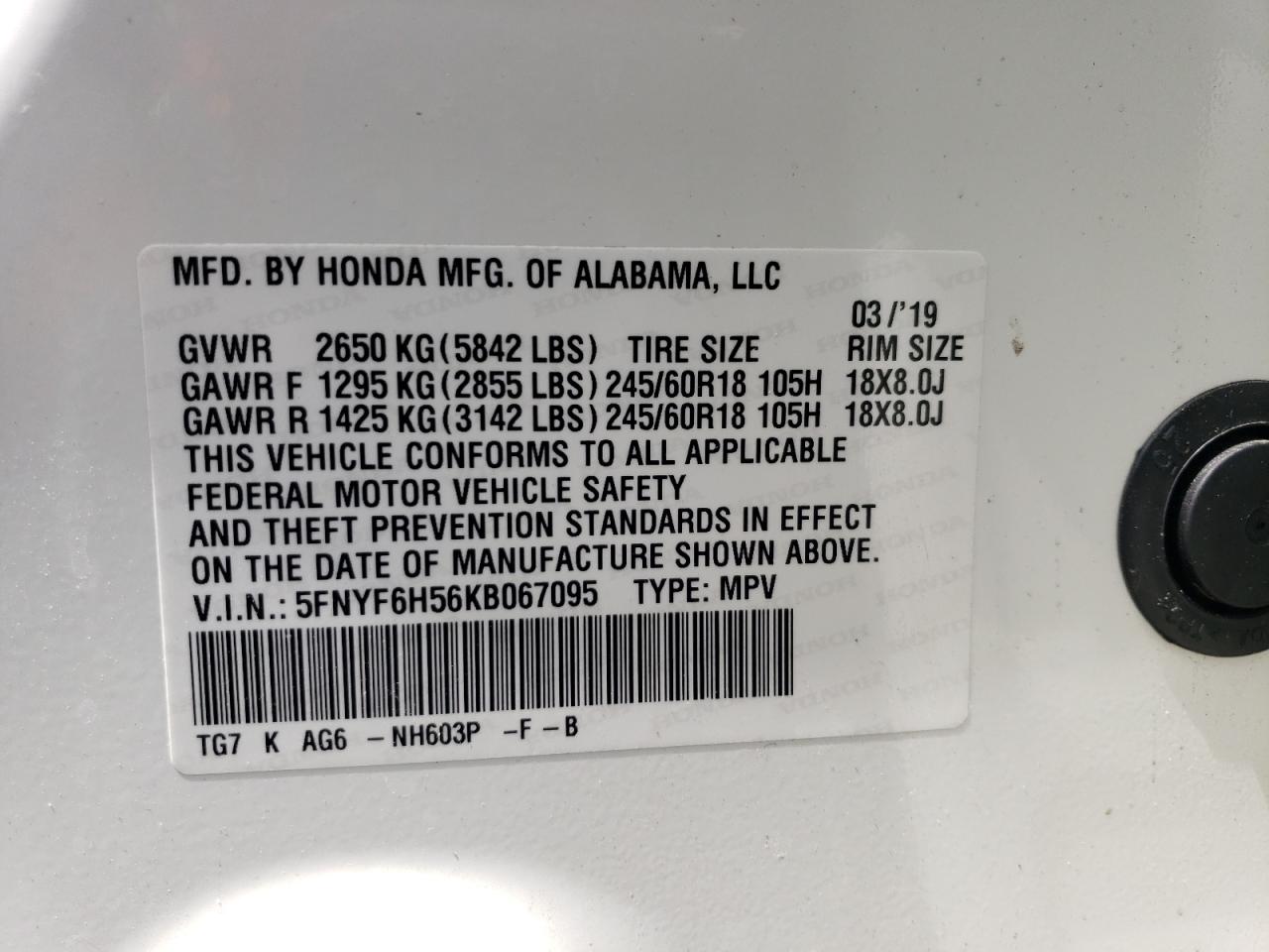 5FNYF6H56KB067095 2019 Honda Pilot Exl