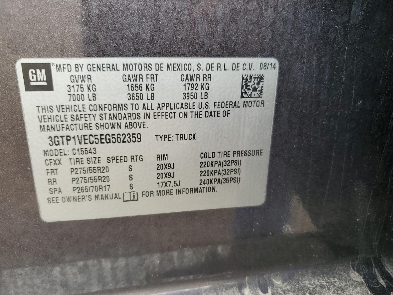 3GTP1VEC5EG562359 2014 GMC Sierra C1500 Slt